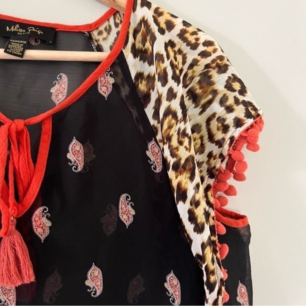 Melissa Paige Sheer Top Tie Neck Pom Pom Sleeve Sz Small Petite - Picture 3 of 8
